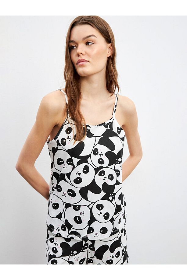 LCW Young Ekru Panda Desenli Askılı Kadın Şortlu Pijama Takımı - 4