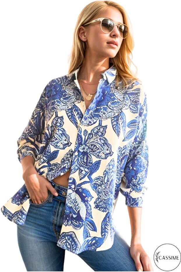 Women's Blue Floral Patterned Long Sleeve Linen Collared Buttoned Shirt