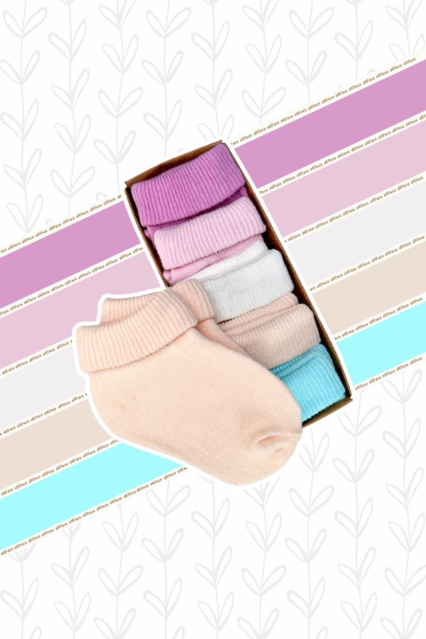 Organic Cotton -Terletmez- Plain Curled Newborn Girl Boy and Child Socks Set of 5