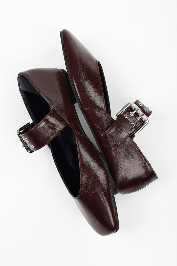 Women's Vell Burgundy Skin Ballerinas with Belt Buckle