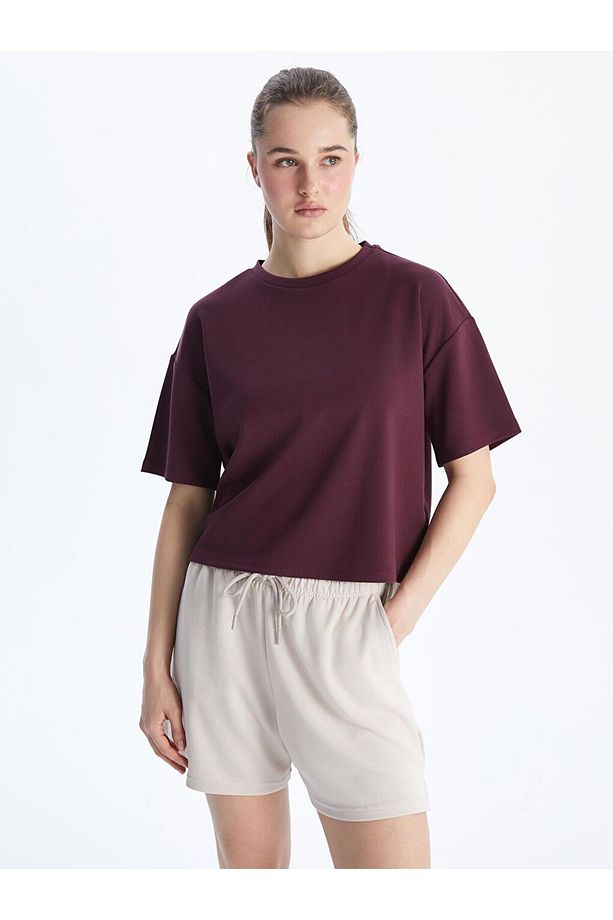 XSIDE ACTIVE Mürdüm Bisiklet Yaka Oversize Crop Kadın Spor Tişört - 1