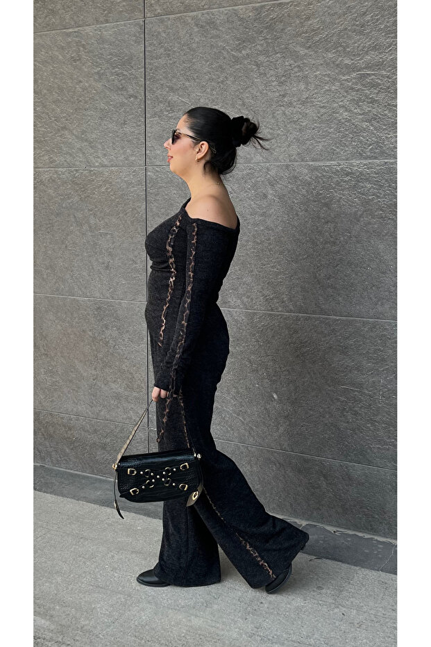 Leopar Şeritli Siyah Örme Bluz Takım - 1