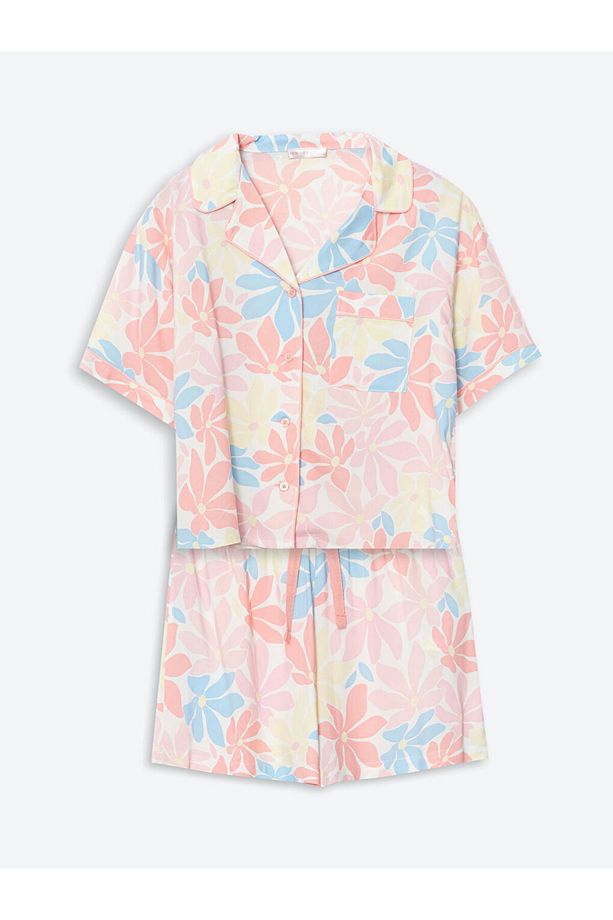 LCW DREAM Mercan Gömlek Yaka Çiçekli Kadın Şortlu Pijama Takımı - 5
