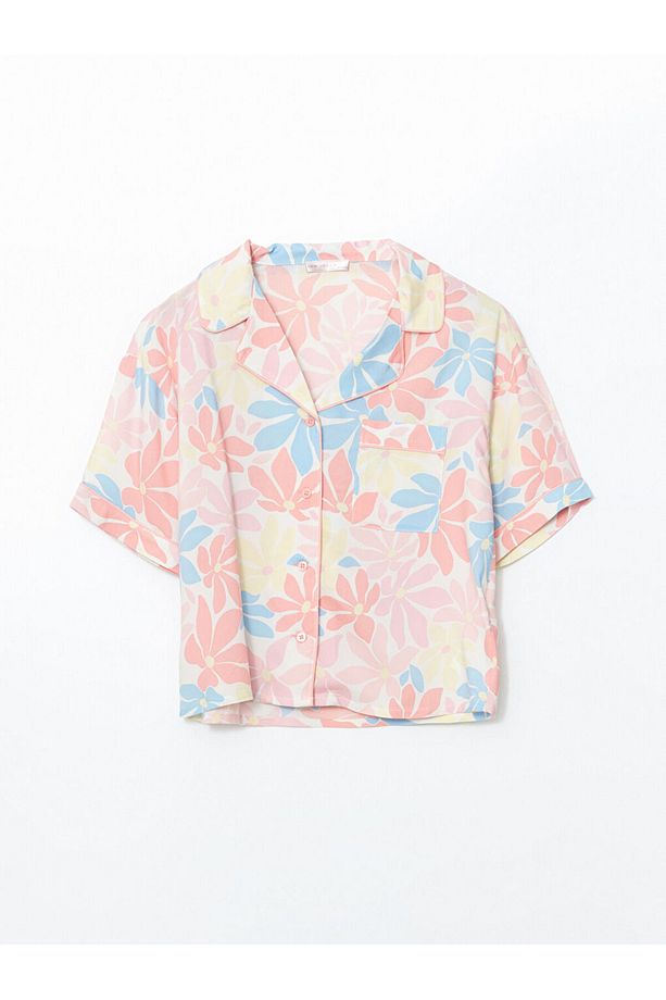 LCW DREAM Mercan Gömlek Yaka Çiçekli Kadın Şortlu Pijama Takımı - 6