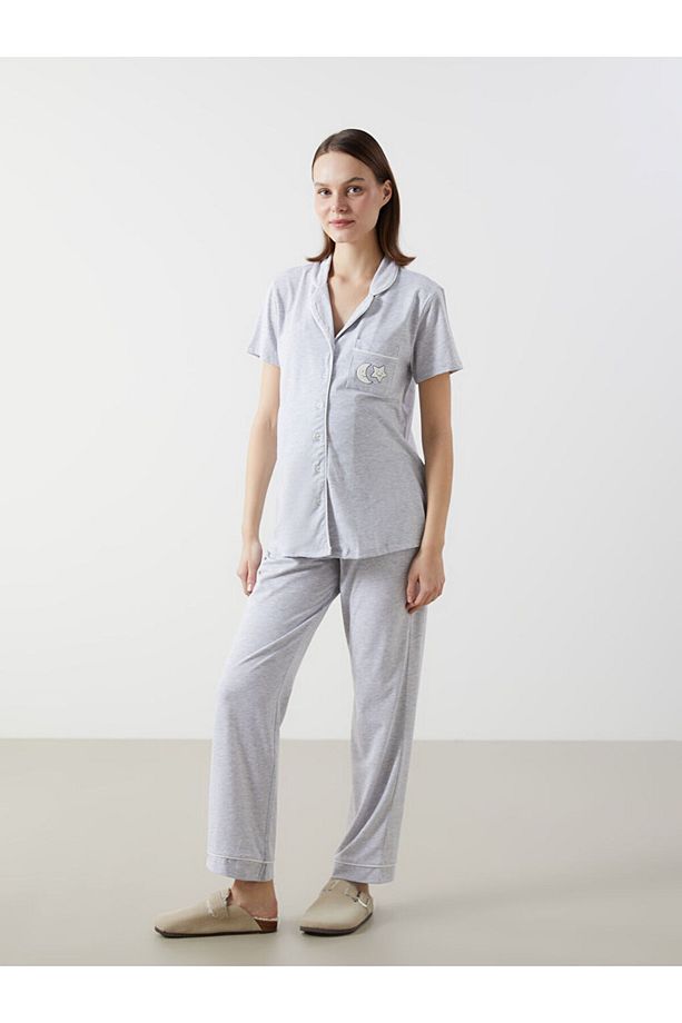 Gömlek Yaka Baskılı Hamile Pijama Takımı - 1