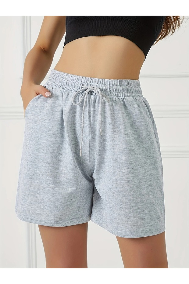 Kadın Tek Renk Polyester Rahat Şort, Ön Cepli ve Bağcıklı Bel, Örme Kumaş, Yazlık Atletik Koşu - 7