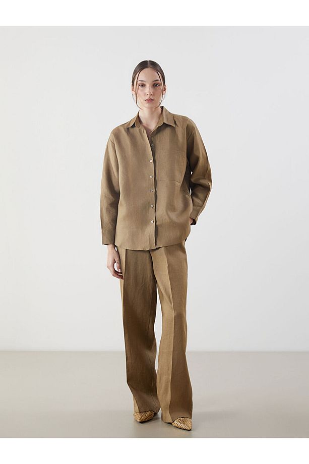 LCW Vision Haki Oversize Keten Kadın Gömlek - 3