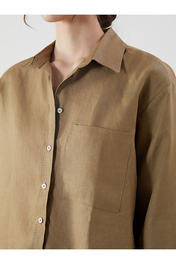LCW Vision Haki Oversize Keten Kadın Gömlek - 5