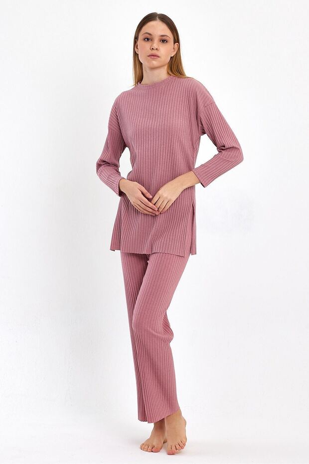 Women's Pink Women's Ribbed Report & Sweatpants, Casual Home Wear Pajamas Set
