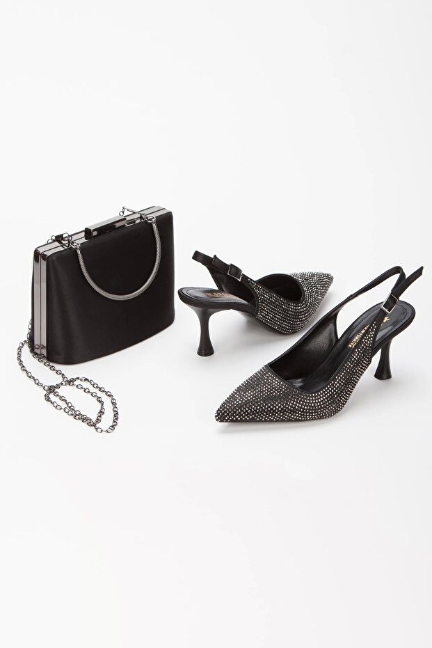 Women's Stone Embroidered Thin Heeled Evening Shoes and Bag Set Black
