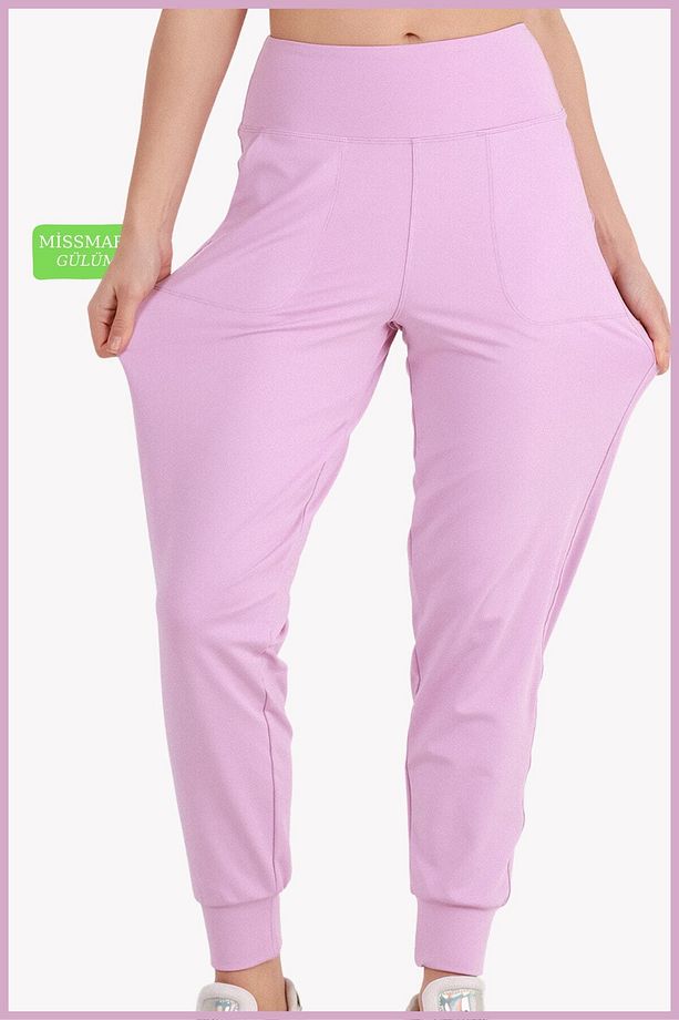 Kadın Curve Eşofman Alt Lila Jogger Dalgıç Kumaş Yüksek Bel Çift Cepli Joggers 1061 - 8