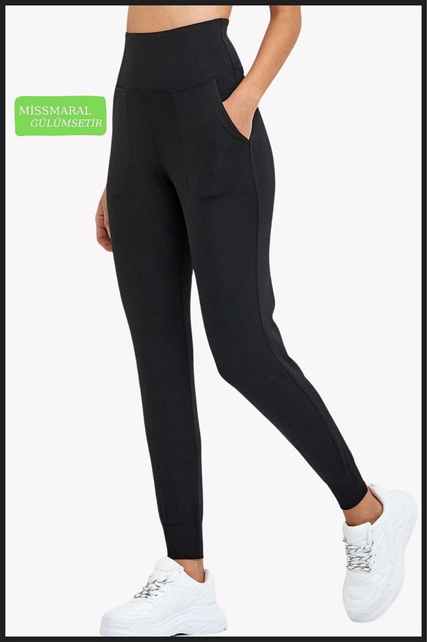 Kadın Eşofman Alt Siyah Curve Jogger Dalgıç Kumaş Yüksek Bel Çift Cepli Joggers 1061 - 1