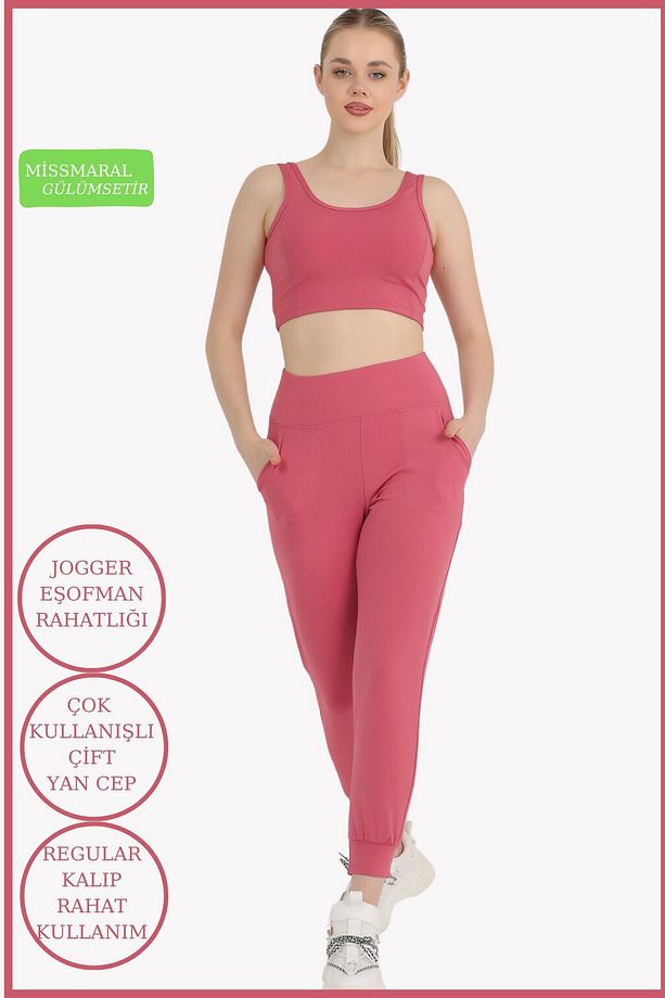 Kadın Curve Eşofman Alt Gül Kurusu Jogger Dalgıç Kumaş Yüksek Bel Çift Cepli Joggers 1061 - 5