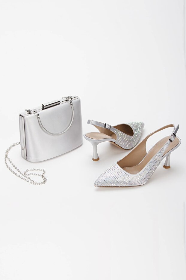 Women's Stone Embroidered Thin Heeled Evening Shoes and Bag Set Silver