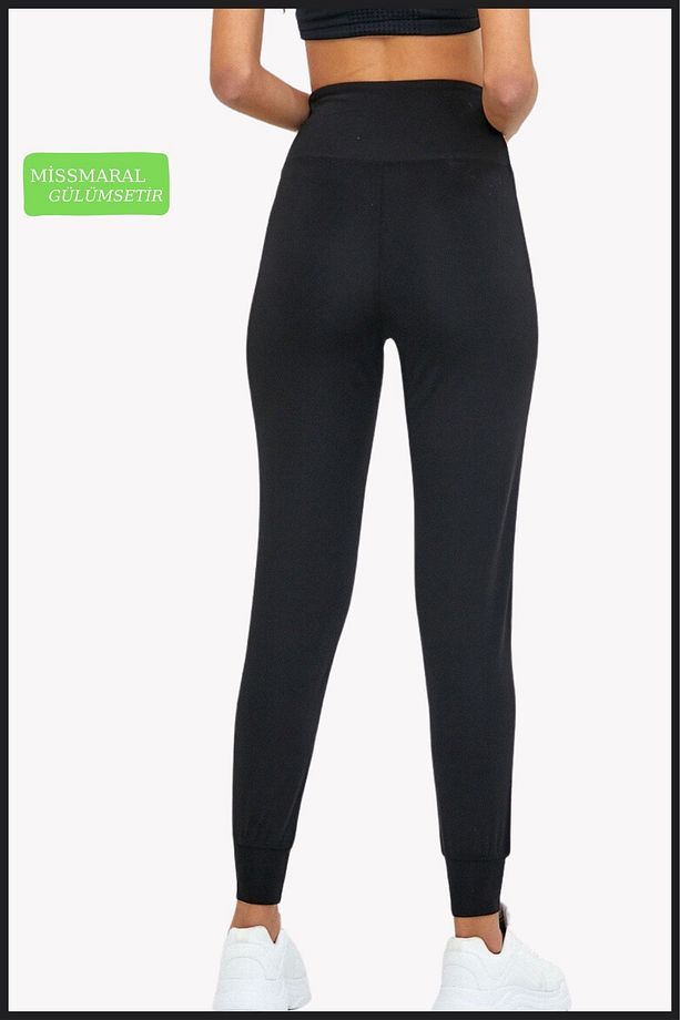 Kadın Eşofman Alt Siyah Curve Jogger Dalgıç Kumaş Yüksek Bel Çift Cepli Joggers 1061 - 3