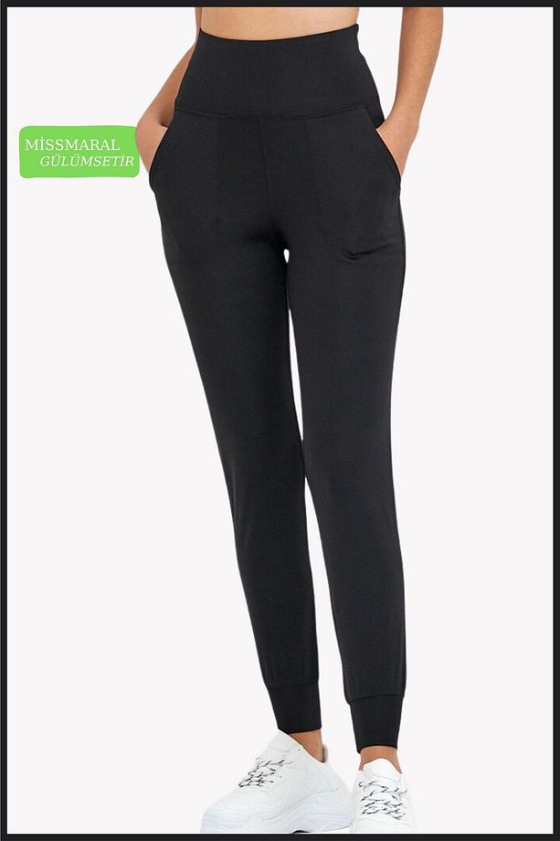 Kadın Eşofman Alt Siyah Curve Jogger Dalgıç Kumaş Yüksek Bel Çift Cepli Joggers 1061 - 2