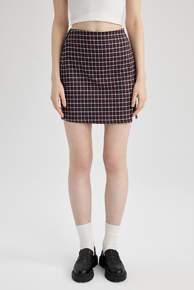 Kare Desenli Yırtmaçlı Dokuma Mini Etek A2289ax22au - 3