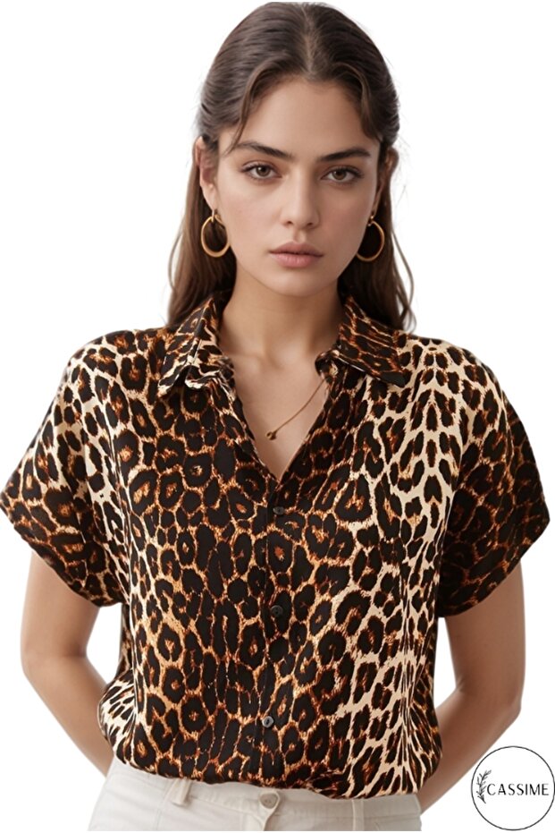 Women's Leopard Print Bat Short Sleeve Shirt