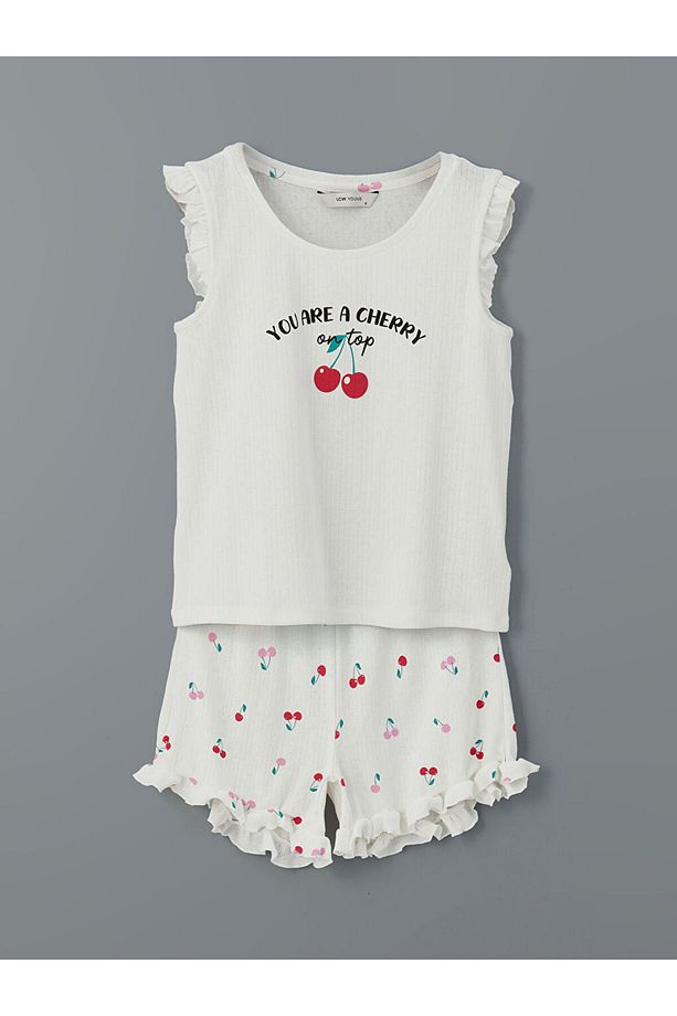 LCW Young Ekru Bisiklet Yaka Baskılı Kadın Şortlu Pijama Takımı - 1