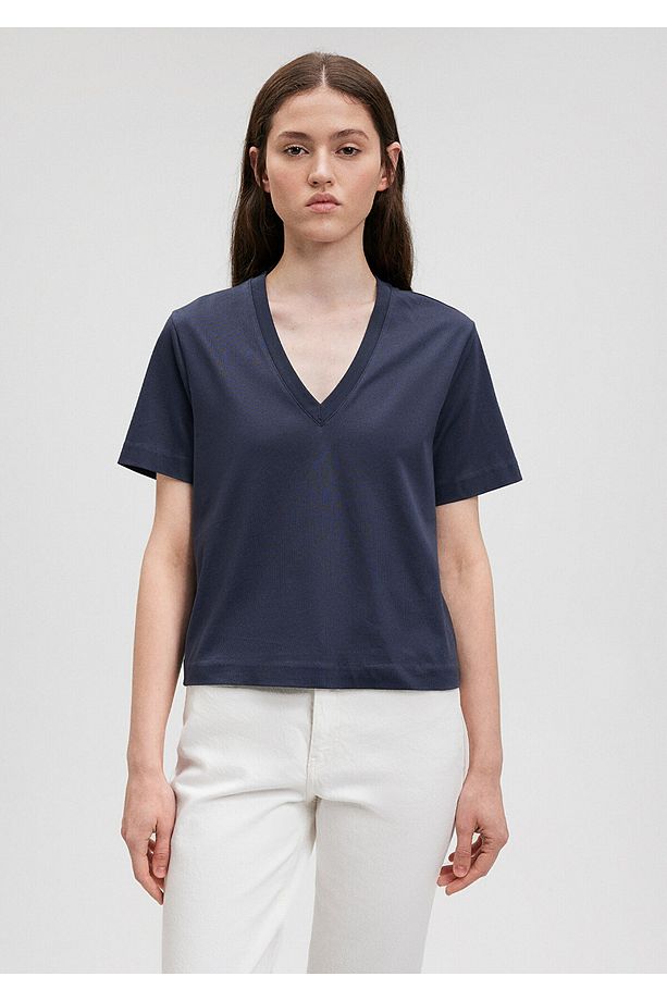 Pamuklu Merserize V Yaka Mavi Basic Tişört Regular Fit / Normal Kesim 1612701-85315 - 3