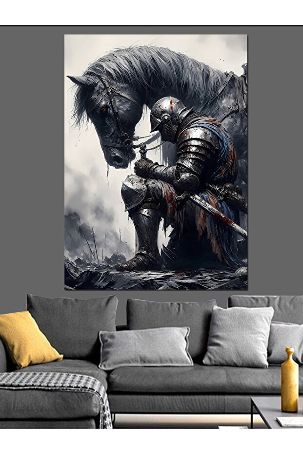 Siyah At Ve Şövalye Dekoratif Kanvas - Mdf Ahşap Tablo - 4