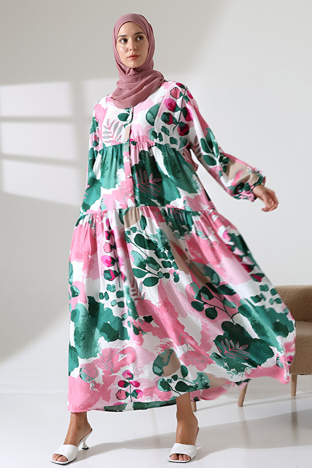 Women's Modal Woven Patterned Pink Hijab Dress