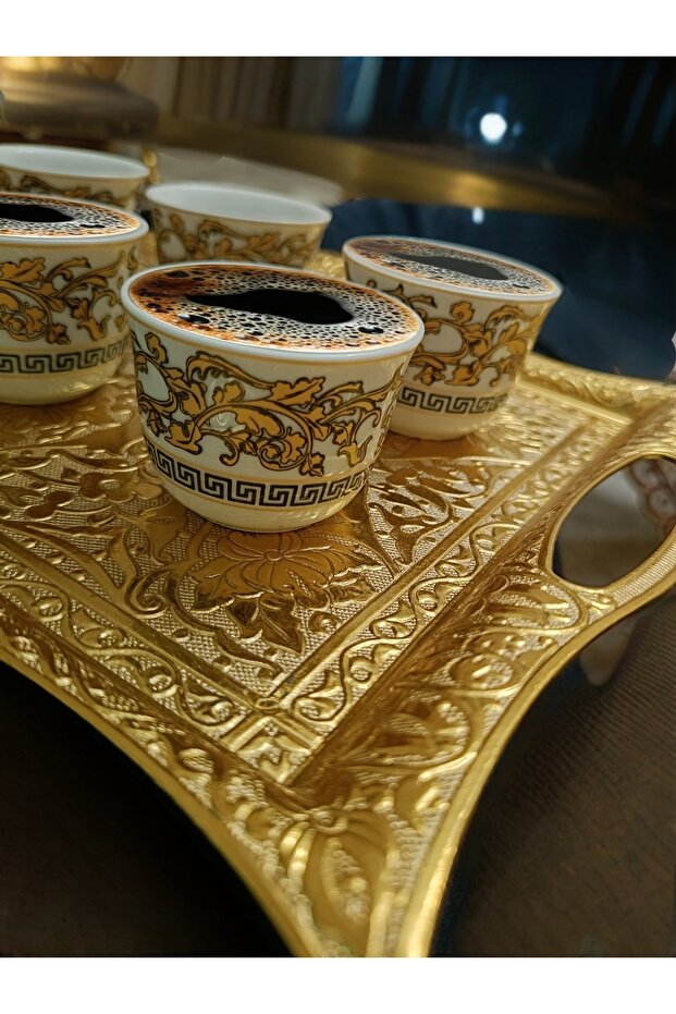 طقم أكواب بورسلين ميررا بدون مقبض بنمط سلسلة مذهبة 6 قطع