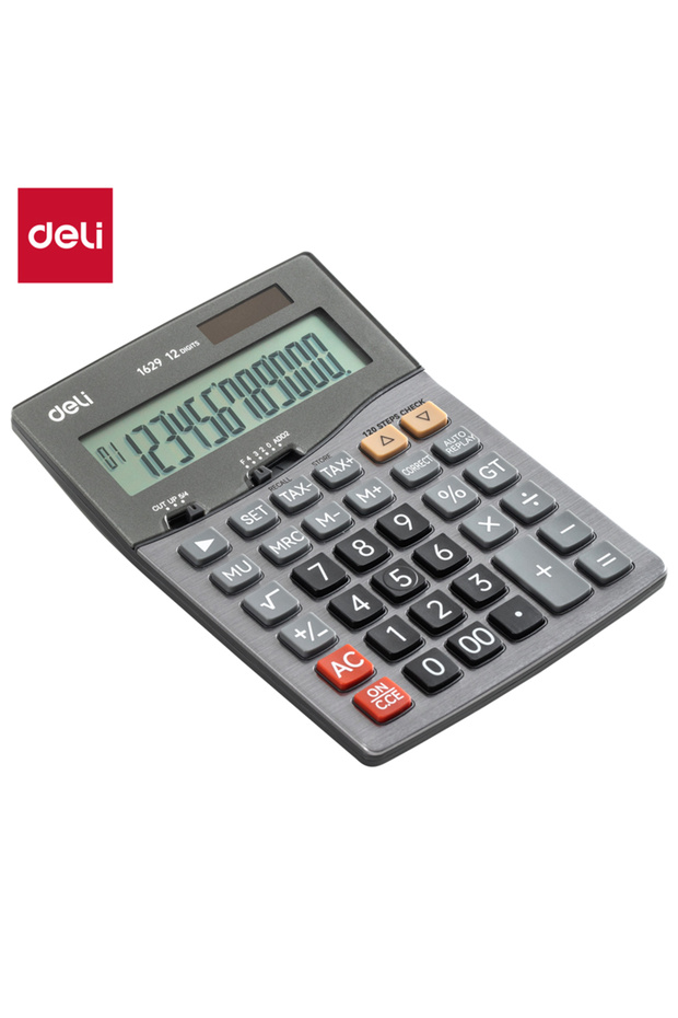 E1629 12-Digit Metal Calculator - Dual Power, 120-Step Check, Dark Grey
