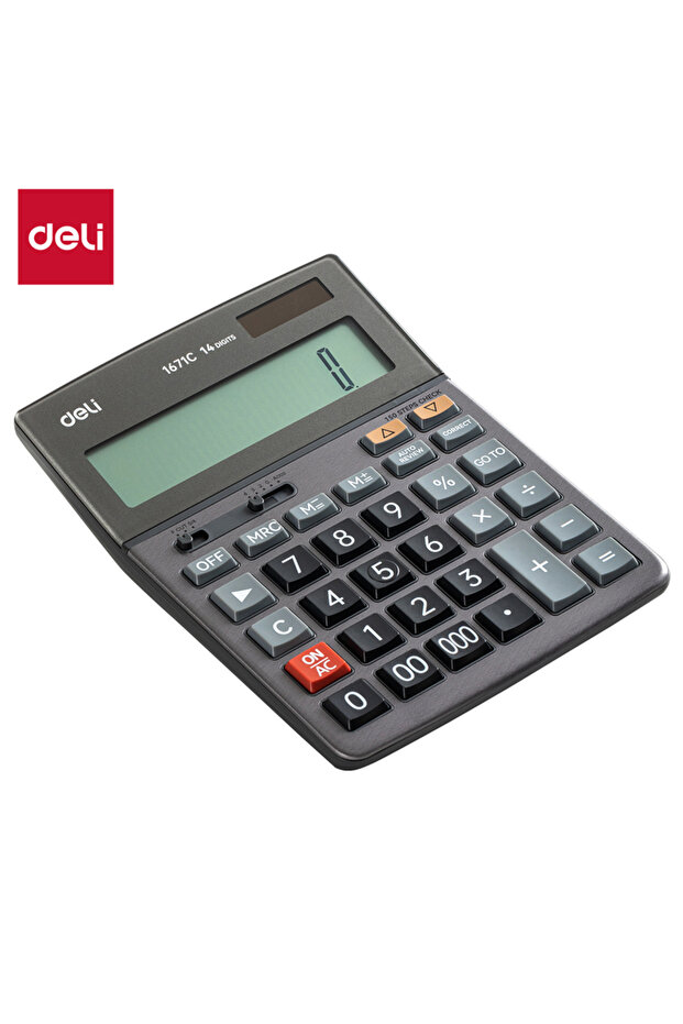 Deli E1671C 14-Digit Metal Calculator - Dual Power, 150-Step Check, 3-Year Warranty, Dark Grey