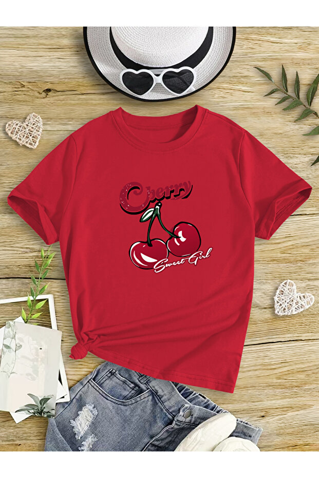 Cherry Printed T-Shirt for Girls with Crew Neck