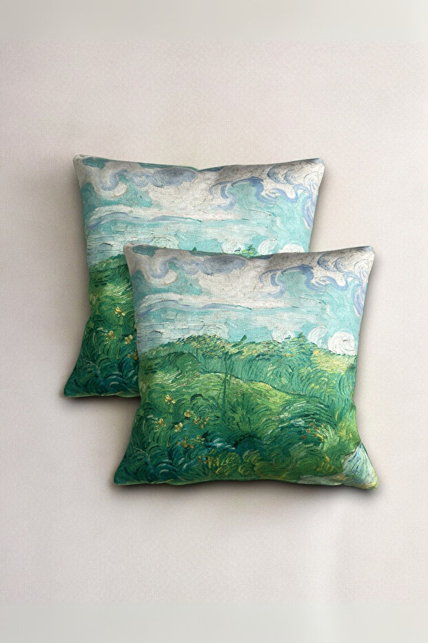 2 Pieces Van Gogh Green Wheat Fields Themed Double Sided Digital Printed Zippered Throw Pillow Cover