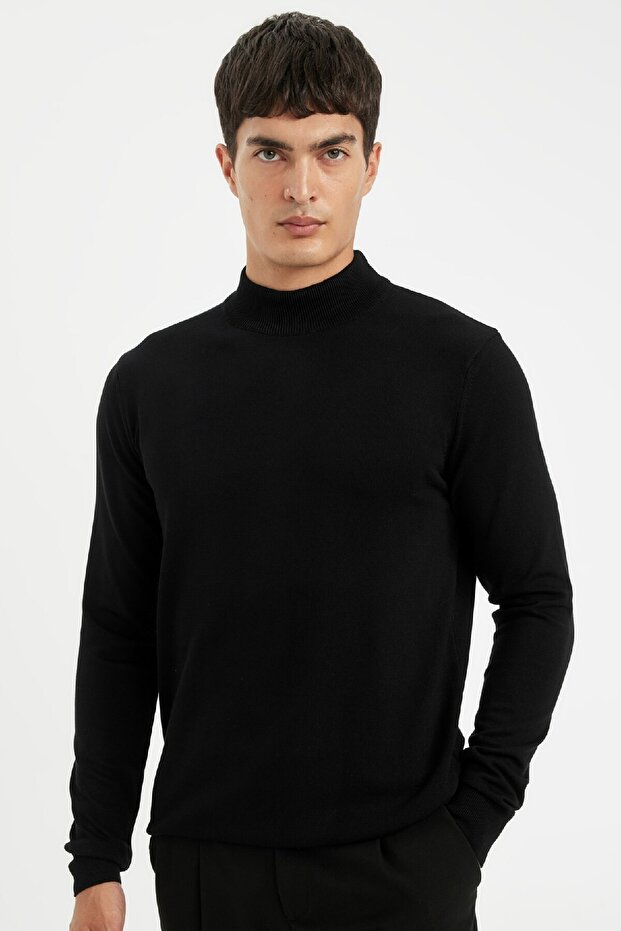 Black Standard Fit Regular Cut Half Turtleneck Basic Plain Knitwear Sweater A5282Ax24Au