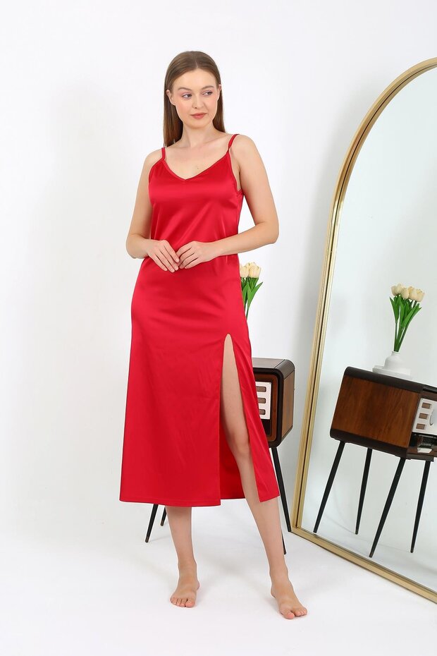 Fashion Stripe Slit Long Satin Nightgown Red 7410