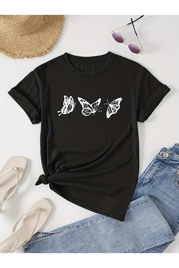 Butterfly Print Crew Neck T-Shirt, Casual Short Sleeve Top for Spring and Summer, Women's Clothing