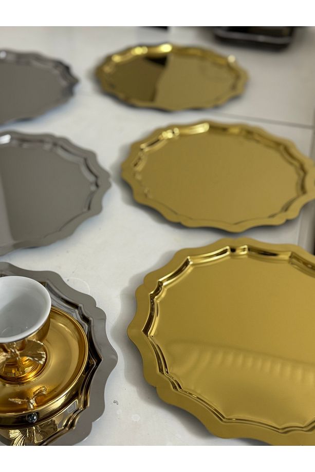 GOLD VE GÜMÜŞ YUVARLAK DALGALI 6 ADET SERVİS VE SUNUM TEPSİSİ - 2