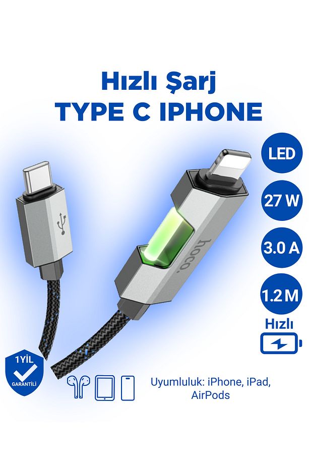 U123 27w 3a Pd Led Işıklı Iphone Uyumlu Lightning To Type-c Hızlı Şarj Veri Kablosu Siyah 1.2 Metre - 1