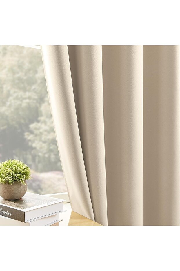 Blackout Curtain - Beige Color, Thermal Layer and Sunny Background Single Pane Without Pleats - 5