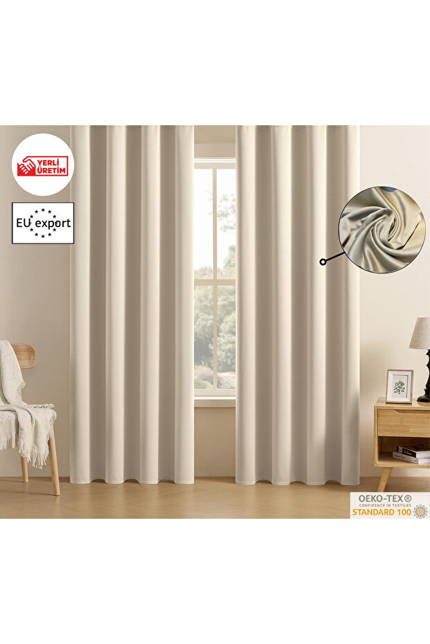 Blackout Curtain - Beige Color, Thermal Layer and Sunny Background Single Pane Without Pleats - 1