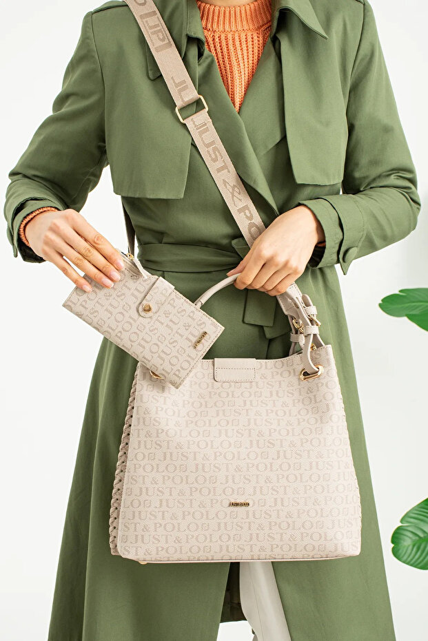 Women's Print Patterned Braided Large Size Shoulder Bag and Wallet Combination