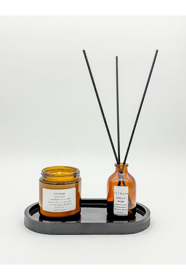 Vanilla Dream Amber Set – Siyah Tepsi Üzerinde Vanilya Kokulu Şık Mum ve Oda Kokusu - 2