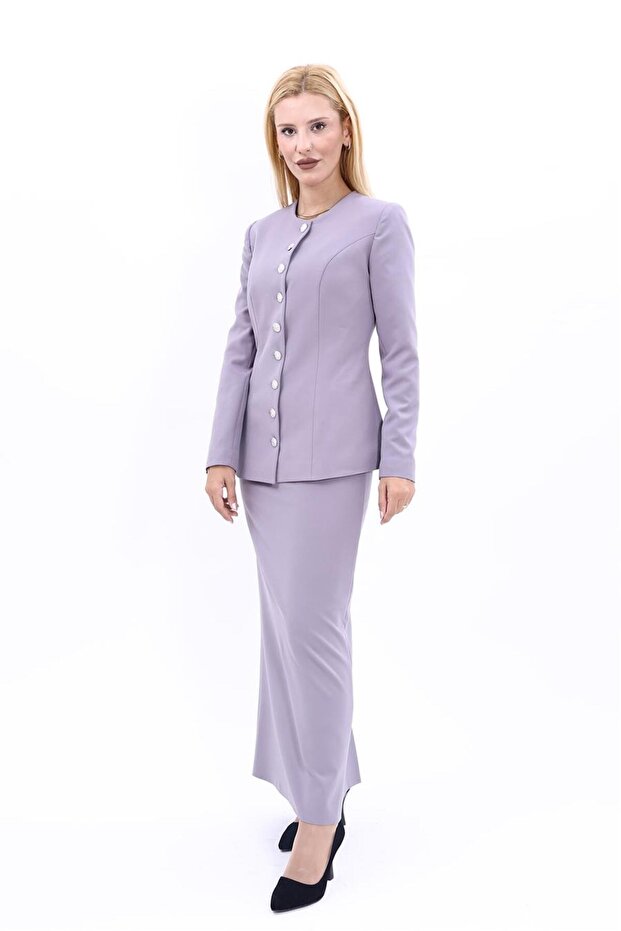Zero Collar Buttoned Jacket & Long Straight Tight Skirt - Anthracite - 1064553