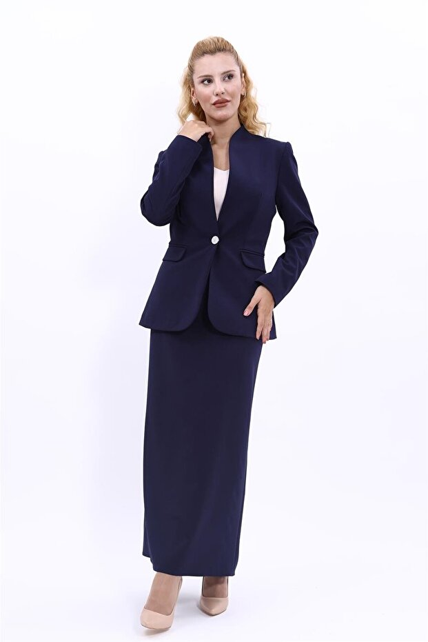 Self-Standing Collar Jacket & Long Straight Skirt - Navy Blue - 1072553