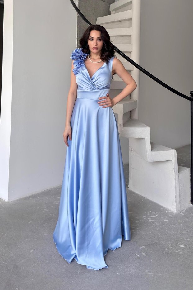 Baby Blue Double Breasted Collar Shoulder Detailed Satin Evening Dress