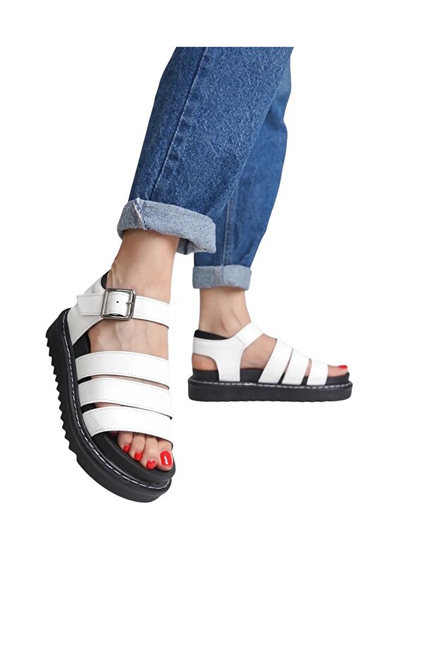 New Season Women's Black Stitched Sandals - Very Comfortable