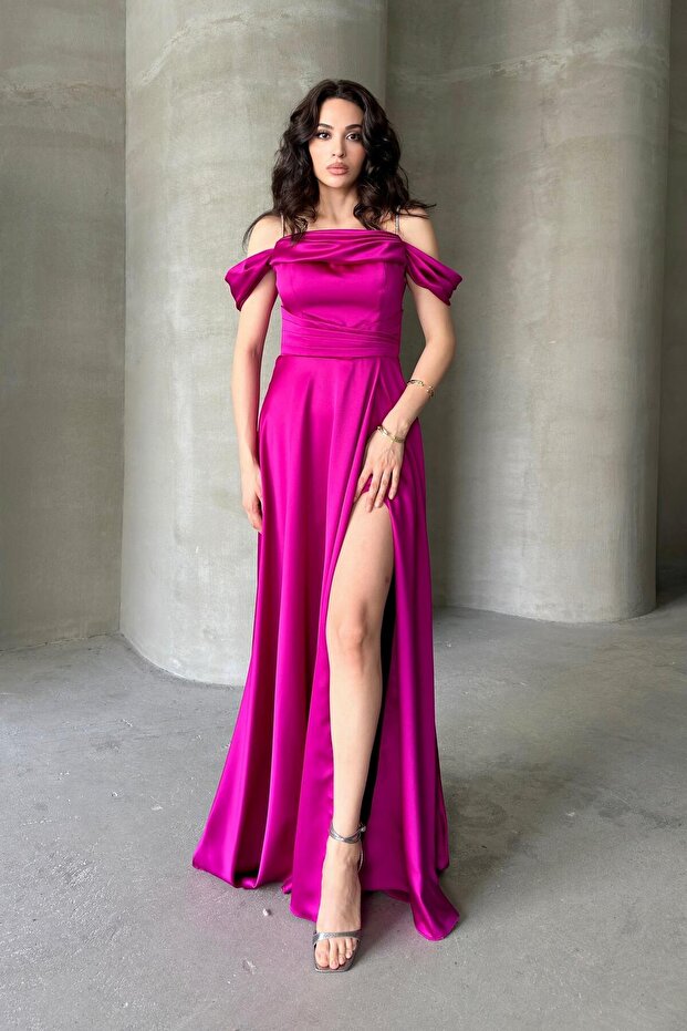 Fuchsia Stone Strap Low Sleeve Satin Evening Dress