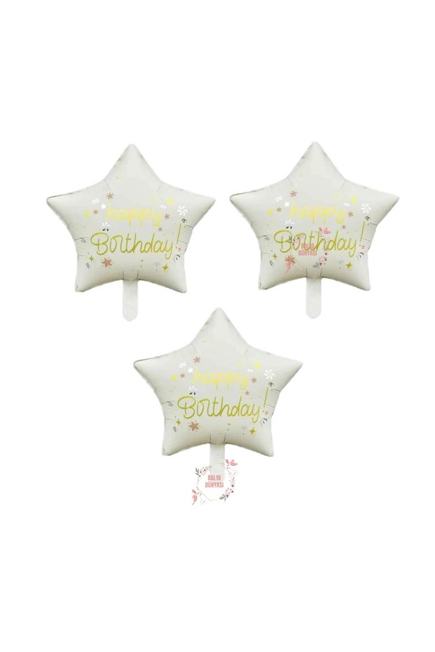 Bal10 Cream Color Happy Birthday Written Star Foil Balloon 3 Pieces
