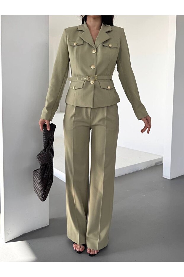 Gold Button Belted Two-Piece Blazer Set