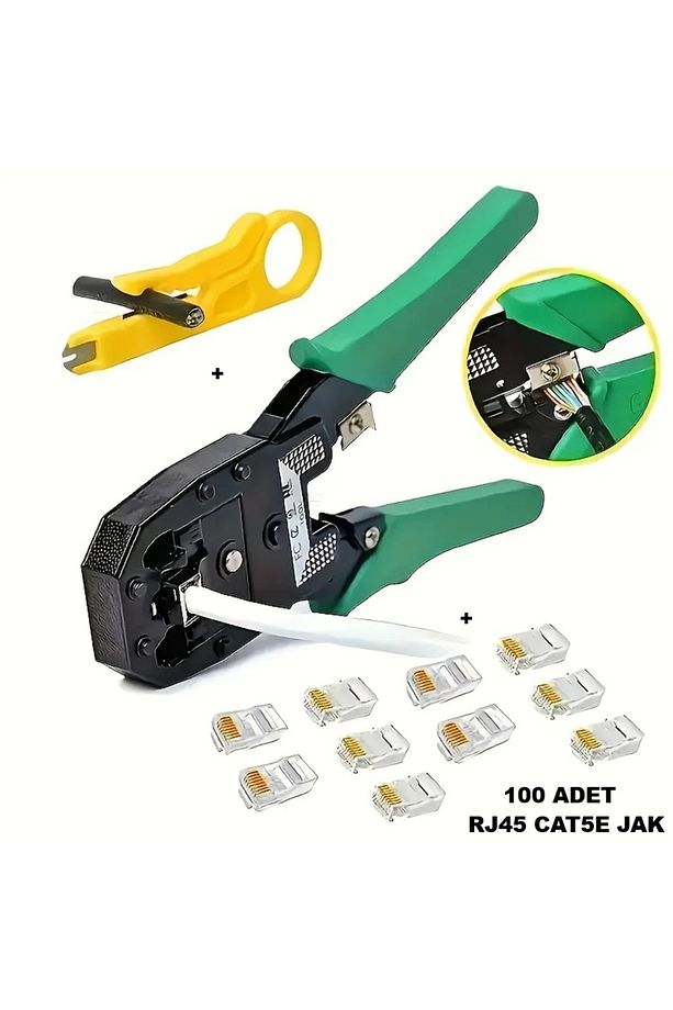 Rj45 8p8c Cat5e/Cat6 Rj11 Utp Jak Sıkma Cakma Pensesi İnternet Ethernet Sıkma Pensesi + 100 Adet Jak - 1