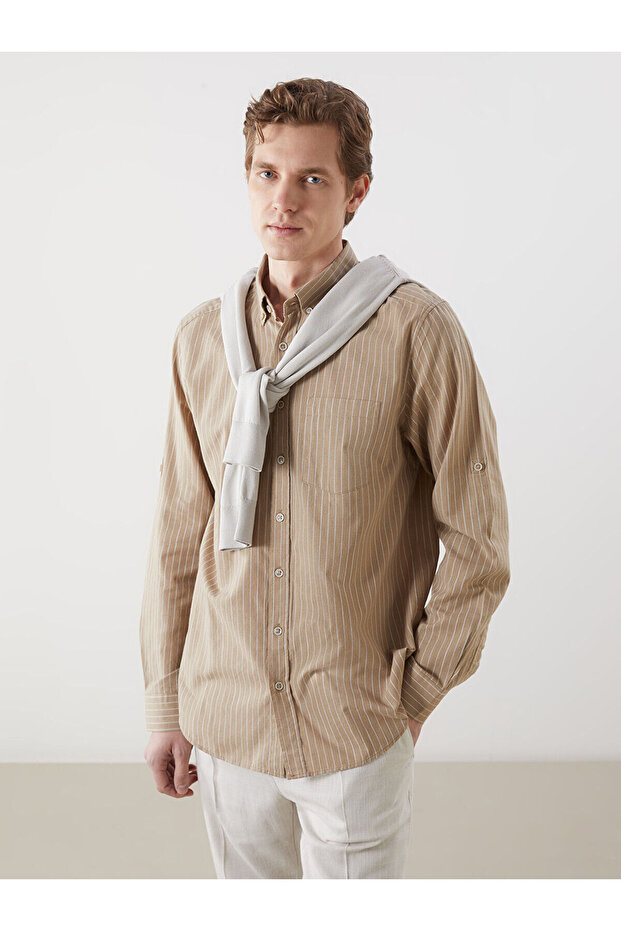 Lcwaikiki Classic Beige Regular Fit Long Sleeve Striped Linen Blend Men's Shirt