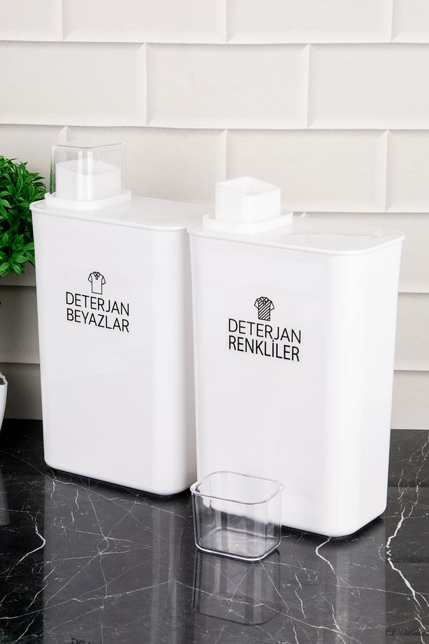 2'li Kendinden Ölçekli Deterjan Saklama Kabı Renkliler ve Beyazlar Etiketli Deterjanlık Set 3000 ml - 3